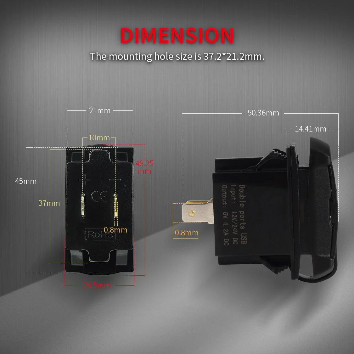 Rocker Switch Style 4.2A Dual USB Power Outlet with Dust Cover