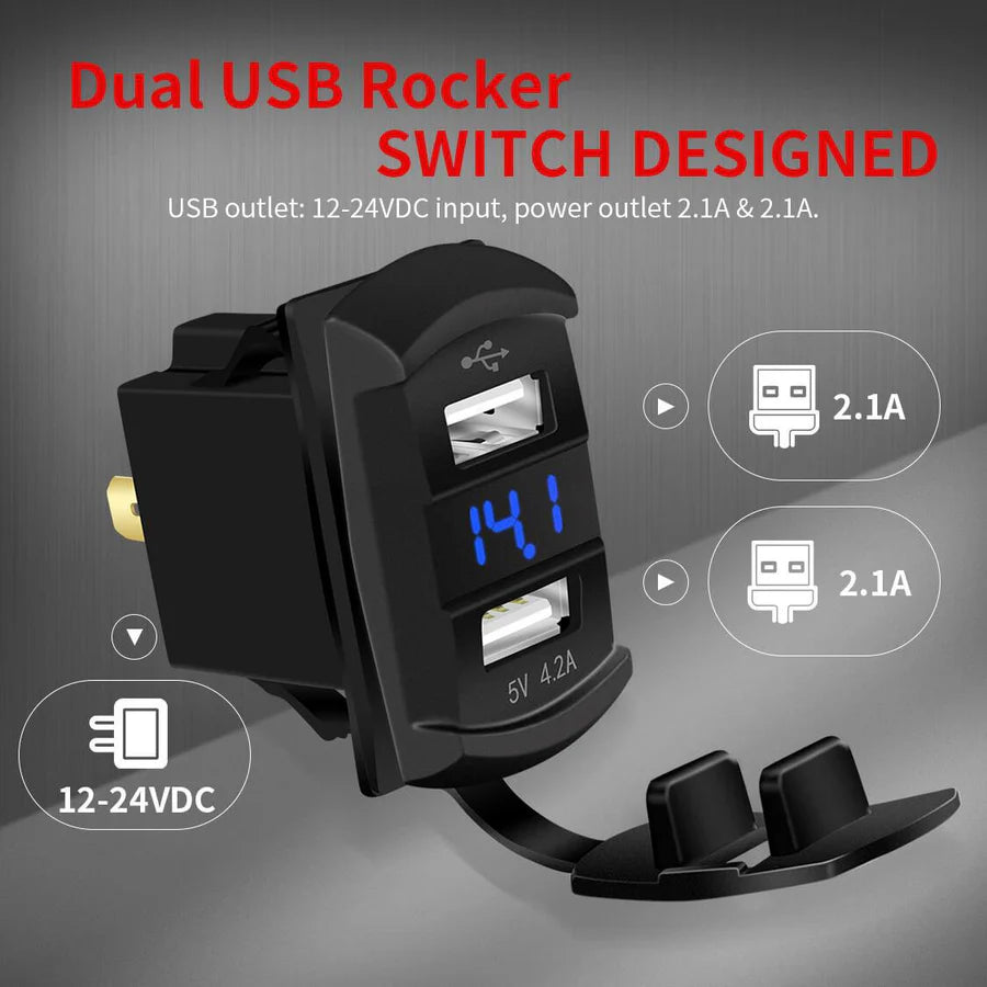 Rocker Switch Style 4.2A Dual USB Power Outlet with Dust Cover