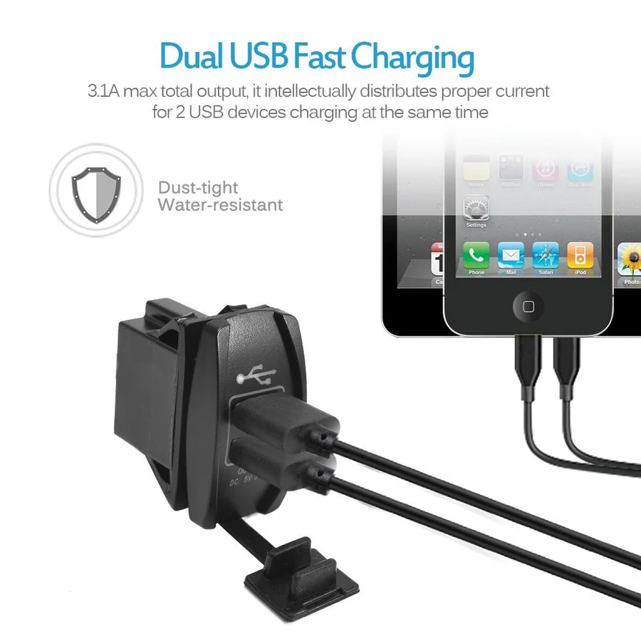 Rocker Switch Style 3.1A Dual USB Power Outlet with Dust Cover