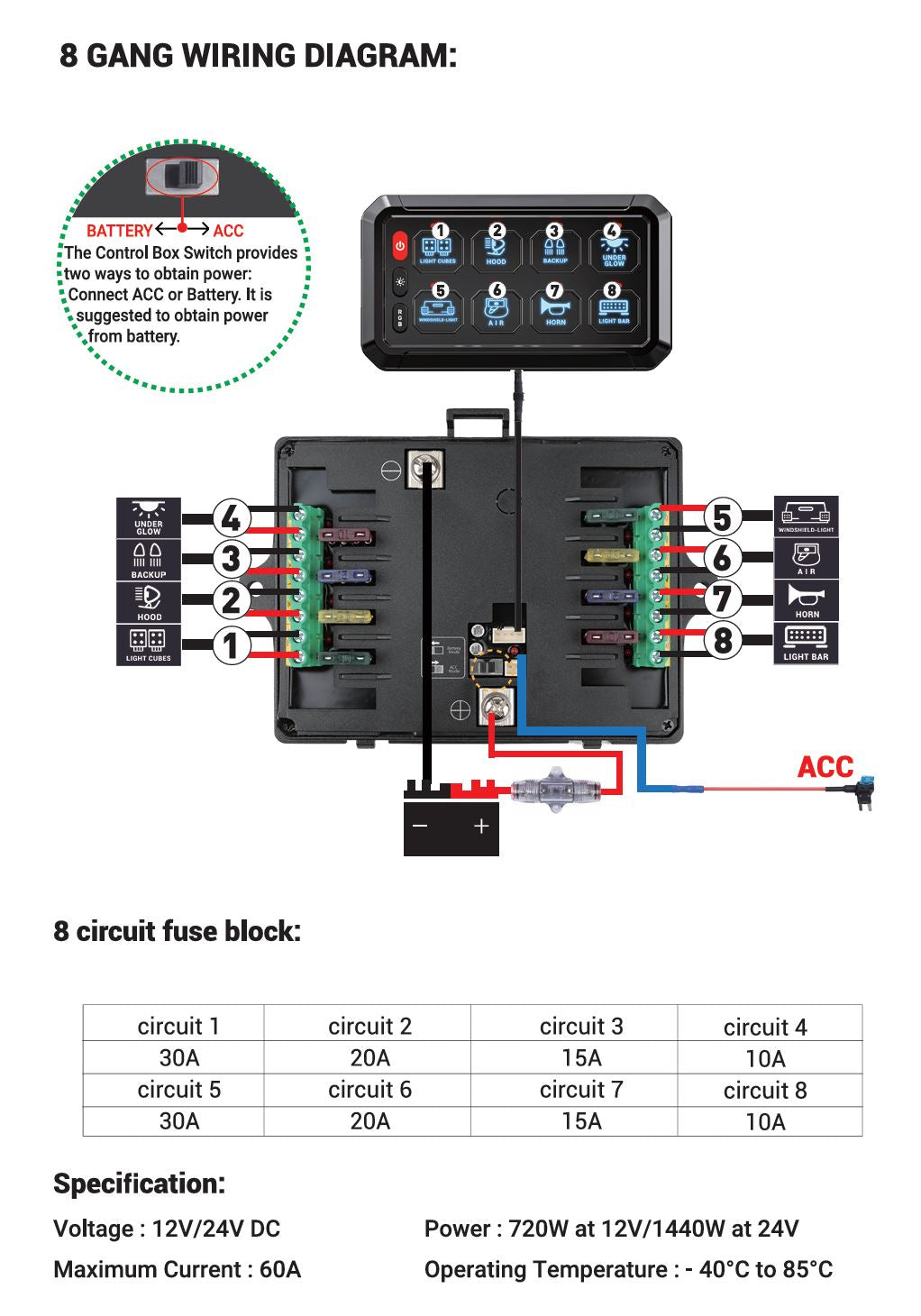 Rogue 12V/24V 8 Gang Wireless Switch Panel with Magnetic Charging Cradle