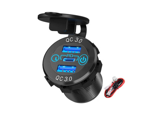 Type C + Dual QC 3.0 USB Socket with Dust Cover